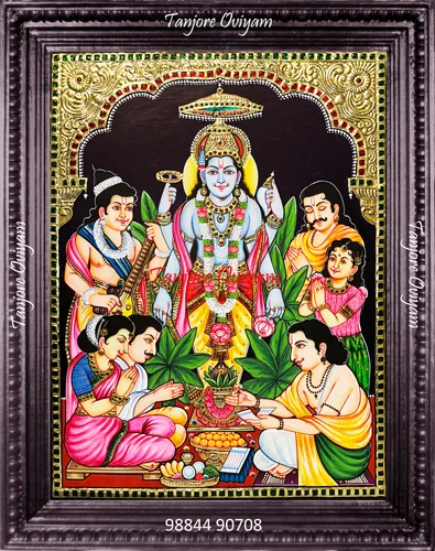 Sathyanarayana Authentic Tanjore Style painting four armed conch discus mace lotus gold foil artwork